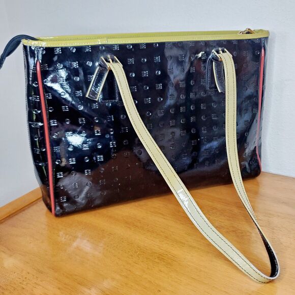 VTG ARCADIA Black Gloss TOTE BAG SHOULDER PURSE PATENT LEATHER Travel Bag - Picture 2 of 12